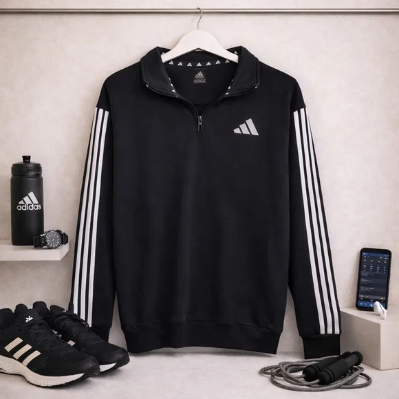 Adidas 3 Stripe Quarter Zip Pullover Black Athletic Top Mens Small - Picture 8 of 8